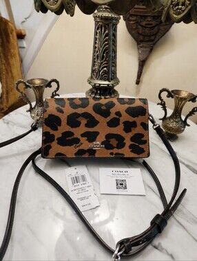 NWT Coach Leopard Print Leather Foldover Crossbody Wallet Bag Purse Brown Black